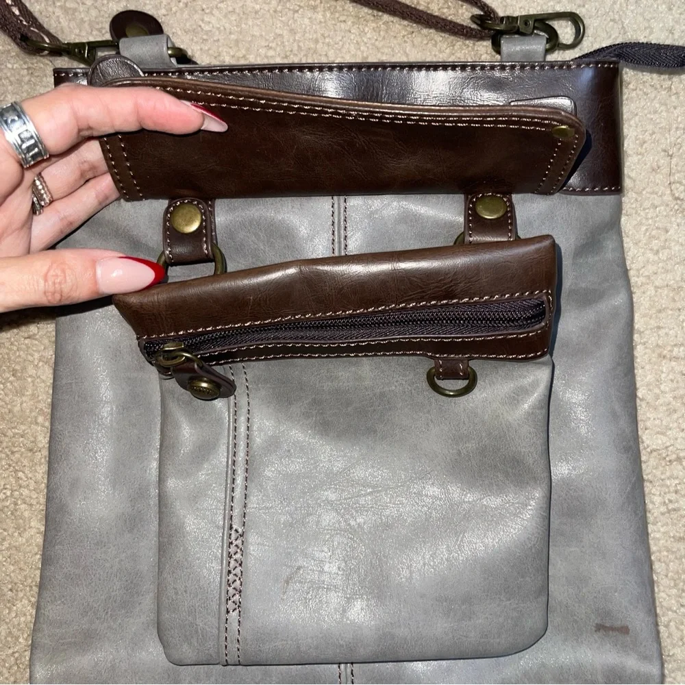 Chala Handbags Gray Brown Crossbody Bag Faux Leather Multi Pocket Boho Casual